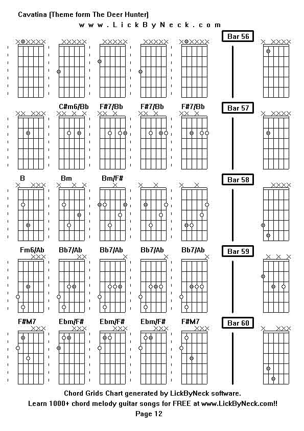 Chord Grids Chart of chord melody fingerstyle guitar song-Cavatina (Theme form The Deer Hunter),generated by LickByNeck software.